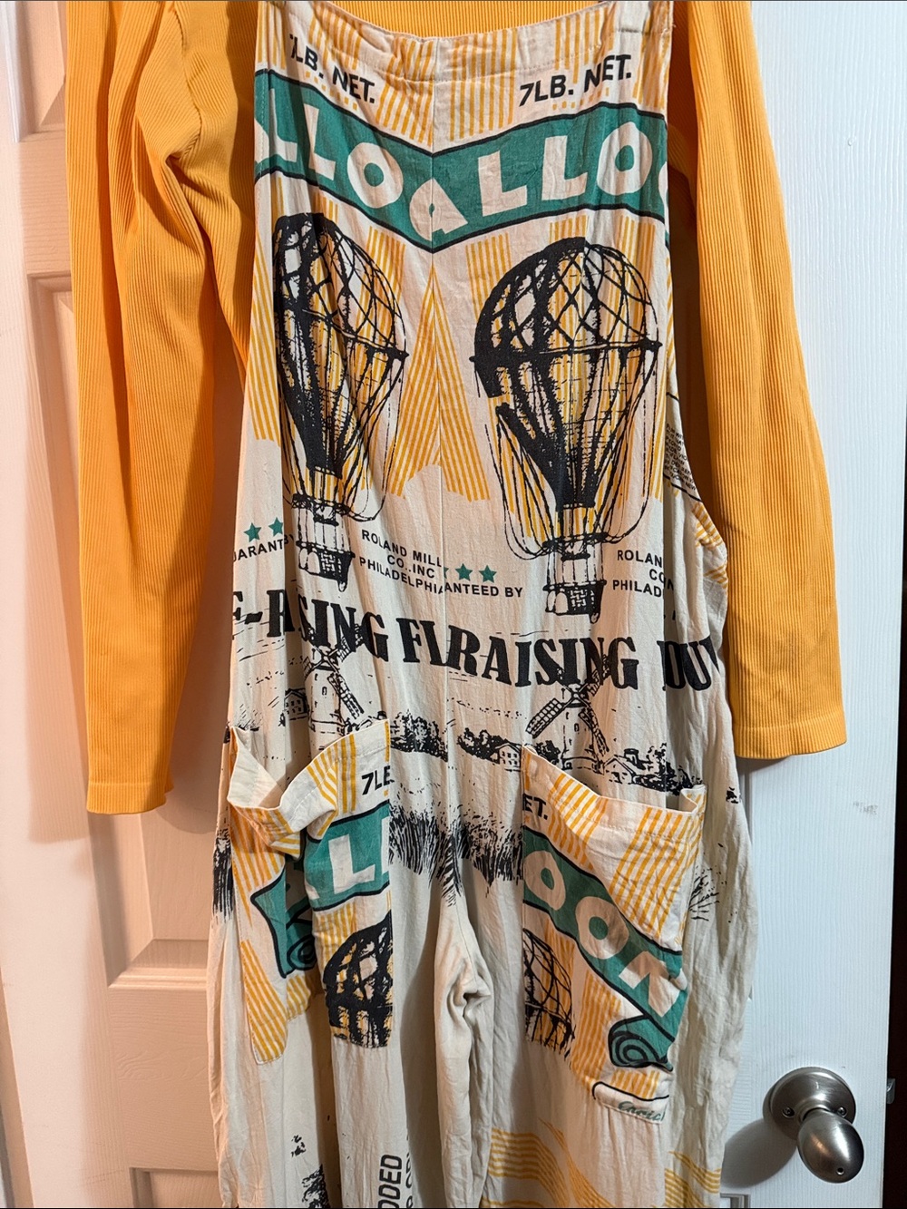 Jaded Gypsy Graphic Cream Overalls with Yellow and Teal Print - Picture 2 of 3